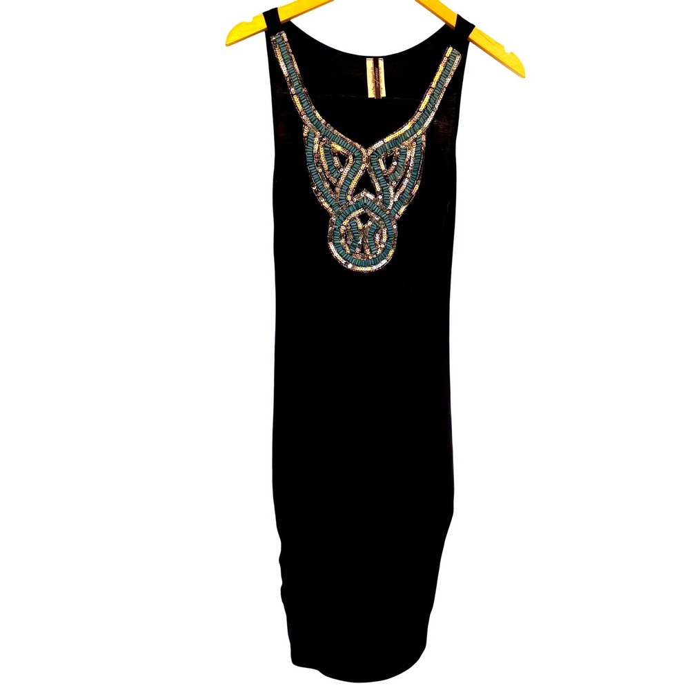 Misope Black Bodycon Dress Teal‎ Beaded Silver Sequin Neckline Sleeveless Large